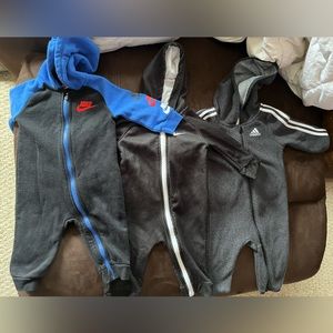 2 Nike and 1 adidas one piece zip up 12 months